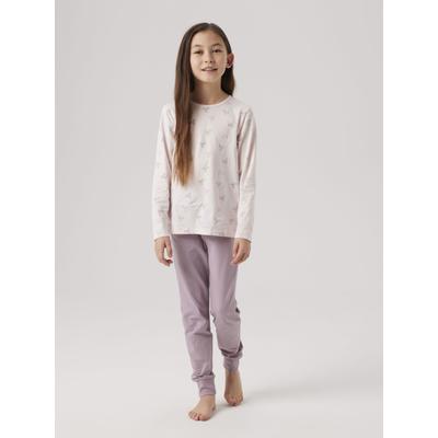 Schlafanzug NAME IT "NKFNIGHTSET BARELY PINK BOW NOOS", Kinder, Gr. 86 (92), pink (barely pink), Jersey, Obermaterial: 95% Baumwolle, 5% Elasthan, bedruckt, casual, relaxed fit knöchellang, Rundhals, Langarm abgesteppte Kante, Homewear-Sets, mit... Image