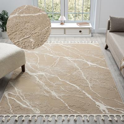Teppich MY HOME "Zoe" Gr. 1, beige (dunkelbeige), B:60cm H:11mm L:90cm, Kunstfaser, Teppiche, mit Fransen, modernes Marmor-Design, Wohnzimmer, Schlafzimmer Image