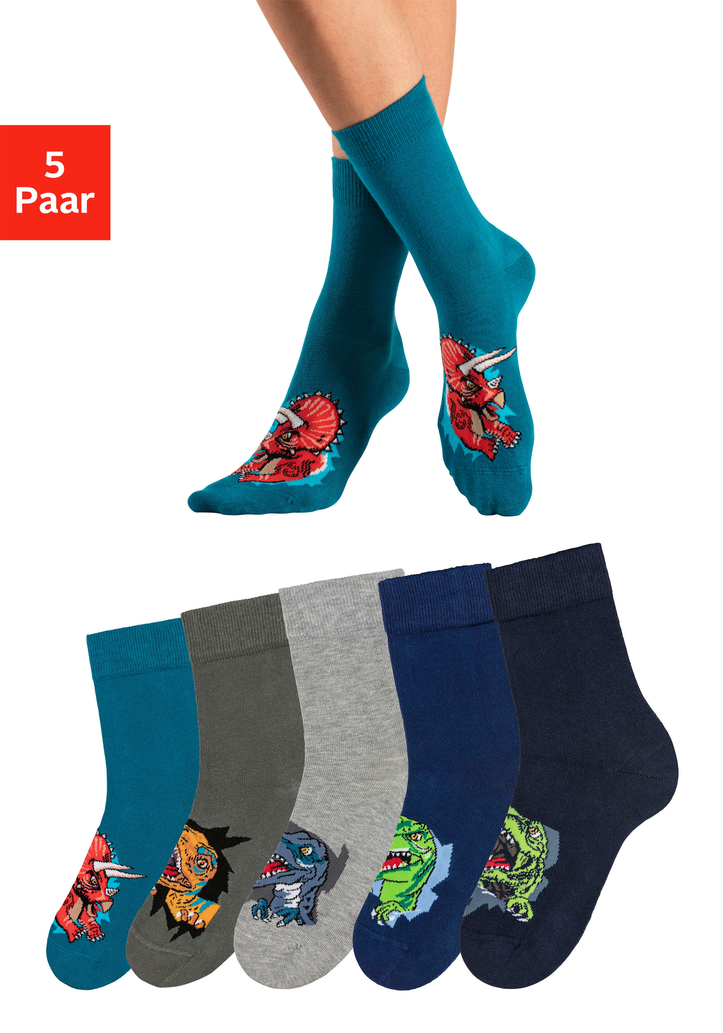 Socken H.I.S, Kinder, Gr. 27-30, bunt (1x navy, 1x petrol, 1x khaki, 1x hellgrau, melange, 1x blau), Baumwollmischung, gemustert, Socken, mit Dinosauriermotiven Image