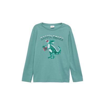 Langarmshirt S.OLIVER JUNIOR, Jungen, Gr. 140, grün (light petrol), Obermaterial: 100% Baumwolle, bestickt, casual, regular fit normal, Rundhals, Langarm gerader Abschluss, Shirts, mit Dino aus Pailetten Image