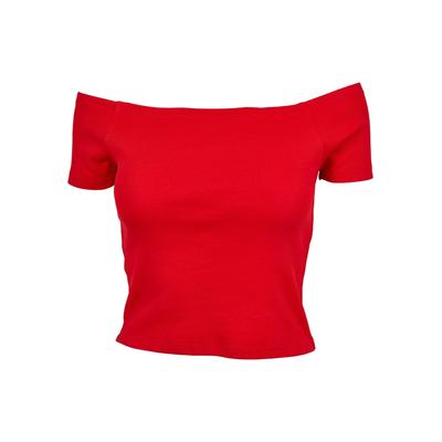 T-Shirt URBAN CLASSICS "Urban Classics Damen Ladies Off Shoulder Rib Tee", Herren, Gr. XL, rot (firerot), 97% Baumwolle, 3% Elasthan, unifarben, casual, slim fit, Carmenausschnitt, Kurzarm, Shirts Image