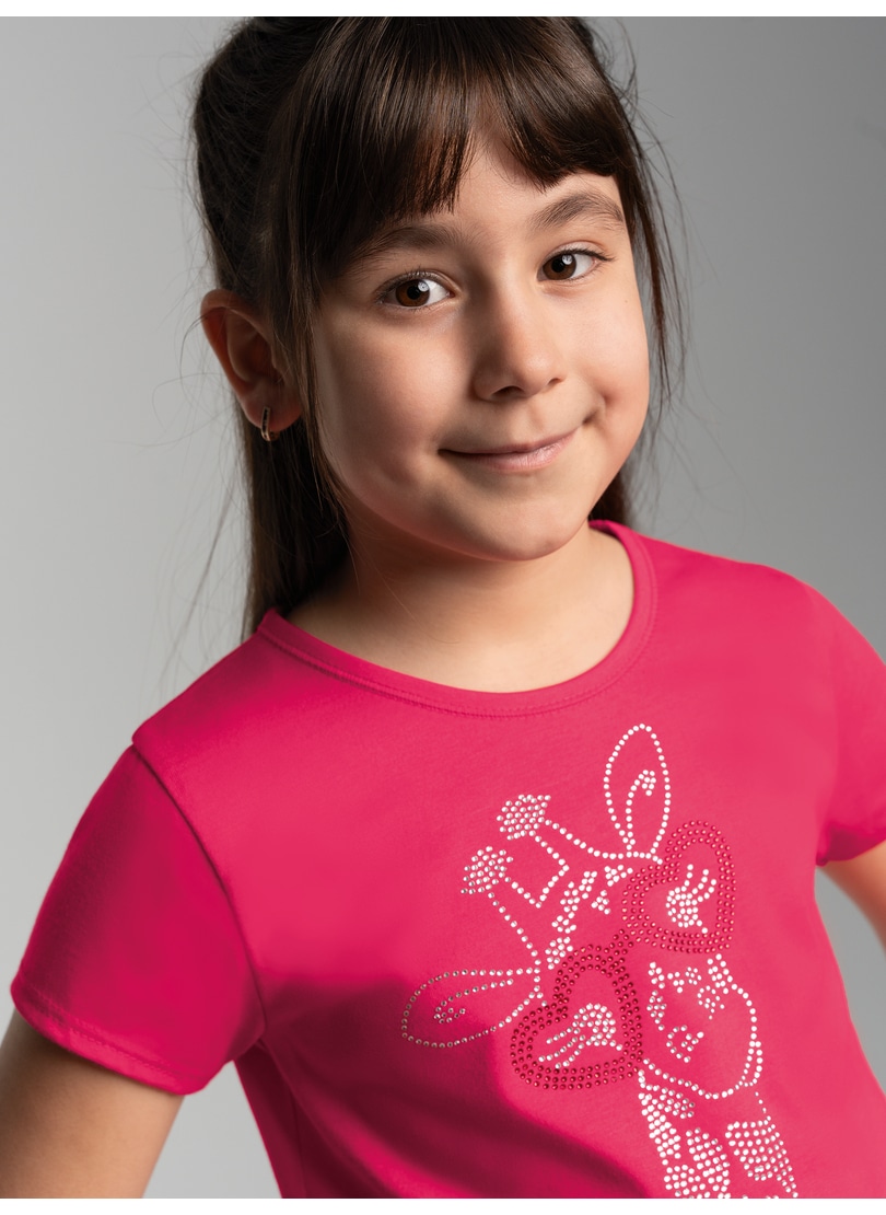 T-Shirt TRIGEMA "TRIGEMA T-Shirt mit glitzerndem Giraffen-Printmotiv", Kinder, Gr. 140, orange (koralle), 100% Baumwolle, Shirts Image