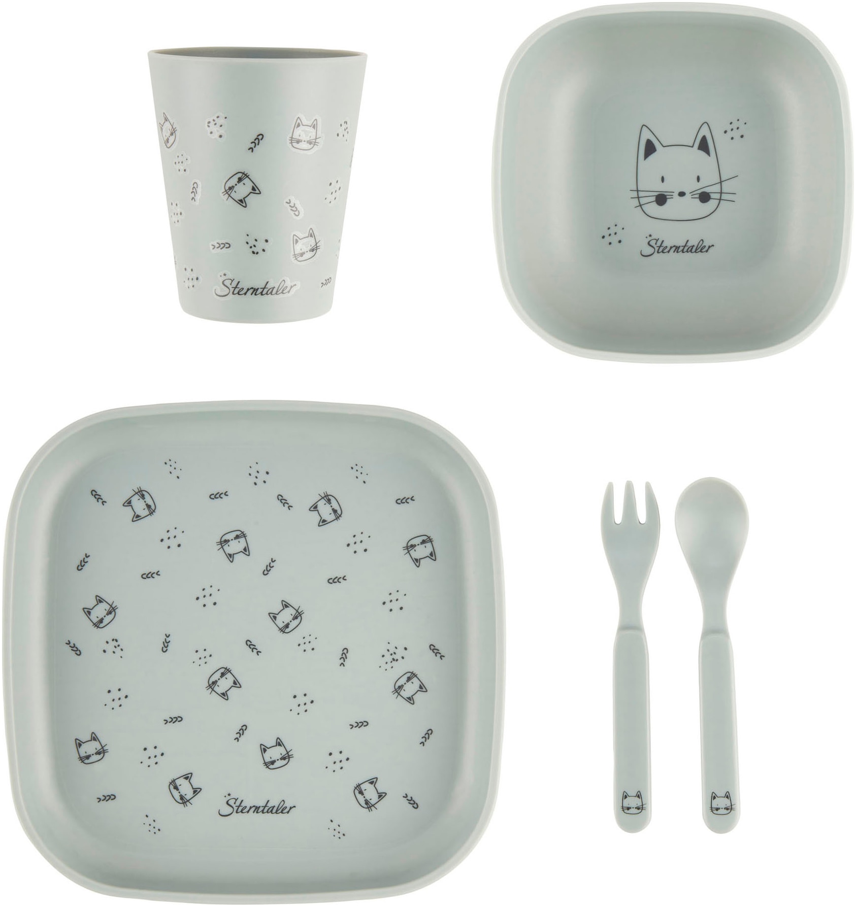 Kindergeschirr-Set STERNTALER "Katze Lilly", Kinder, grün (mattgrün), Polypropylen, Geschirr-Sets