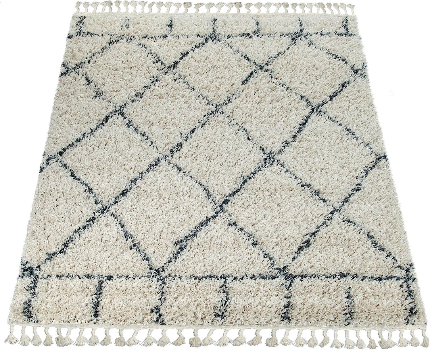 Hochflor-Teppich PACO HOME "Nador 755", beige (creme), B:60cm H:54mm L:100cm, Polyester, Teppiche, weicher Shaggy mit Rauten Design und Fransen Image