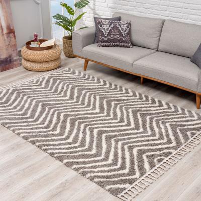Hochflor-Teppich CARPET CITY "Pulpy 531" Gr. 2, grau, B:140cm H:30mm L:200cm, Kunstfaser, Teppiche, Fransenteppich, besonders weich, mit Fransen, Zickzack Look Image