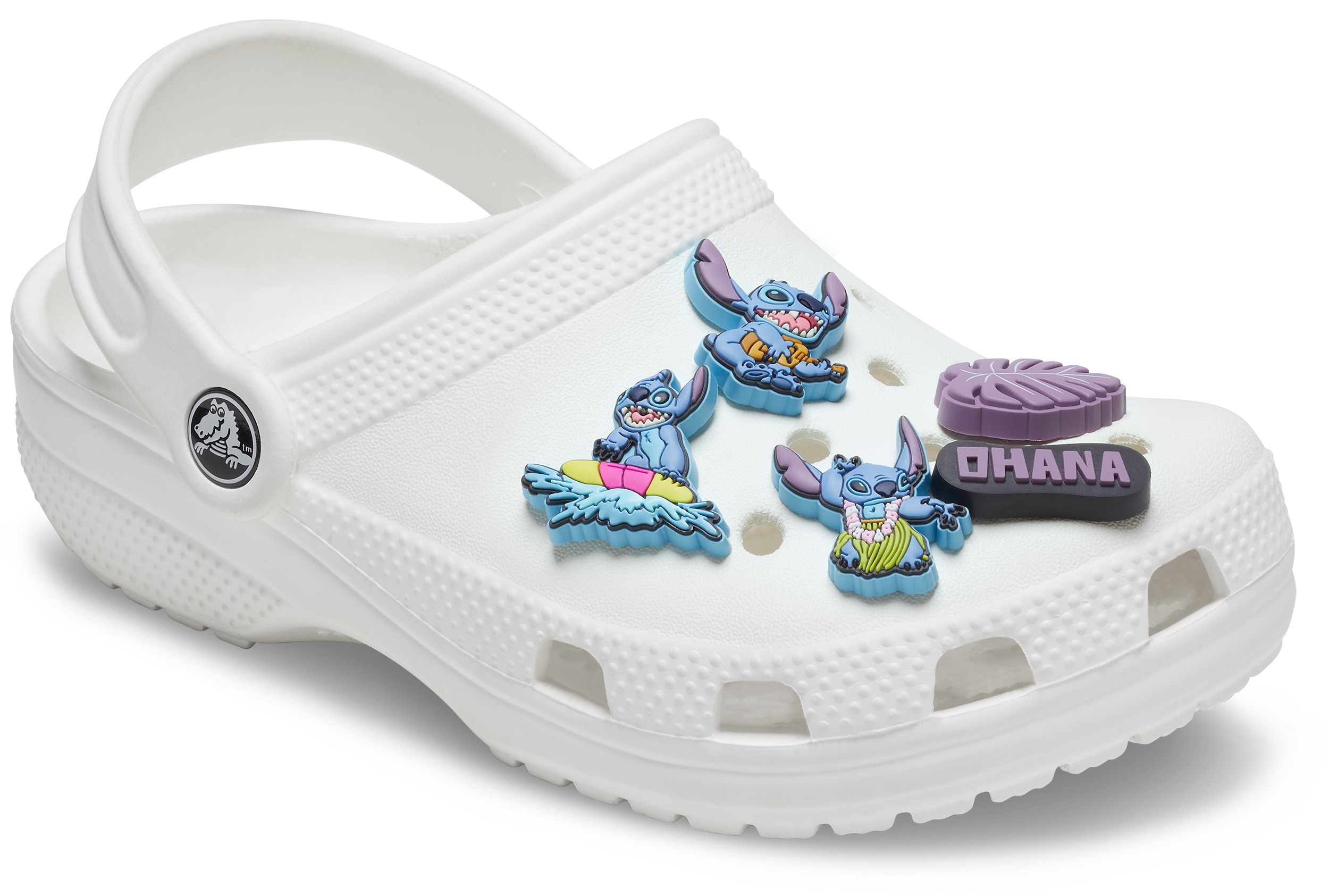 Schuhanstecker CROCS "Jibbitz™ Stitch Tropical", Kinder, grau (grau lila), PVC, Schuhzubehör Schuhanstecker, Charm, Anstecker, Schuh-Anstecker von Lilo und Stich