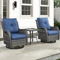 Outdoor Swivel Rocker Patio Chairs with Side Table 3 Pieces PE Wicker Patio Furniture Set for Porch Deck Balcony Garden-Grey/Blue