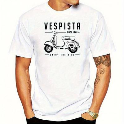 "TEMU Vespista Men's Retro Scooter Graphic T-shirt- 100% Cotton Loose Fit Short Sleeve Tee With Vintage Design& "ride To Work" Slogan, Breathable Summer Casual Top For Adults" Image