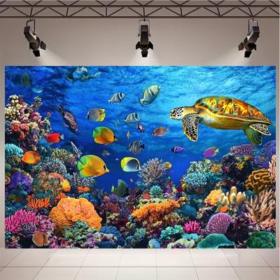 TEMU Vibrant Underwater Scene Backdrop - Coral & For Birthday, Parties & More - Polyester Decor, Photography, Photoshoots, Party Banner Background Cloth Image