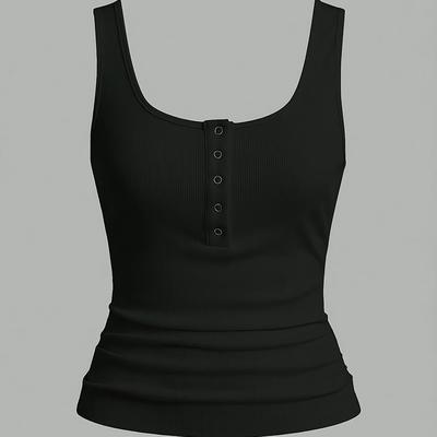TEMU Women's Elegant Sleeveless Tank Top With Button Detail - Black, Deep V-neck, Summer Style, Casual Wear, Sleeveless Top| Top|elegant Sleeveless Top Image