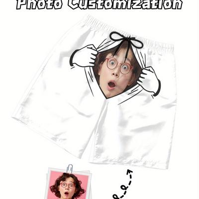 TEMU Custom Men’s Beach Shorts - Personalized Photo Print, Black Casual Swim Trunks With Drawstring Waist, Fun Birthday Gift For Boyfriend Or Lover, Bathing Suits Image
