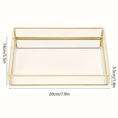 TEMU Elegant Golden- Glass Storage Tray With Brass Structure, Multifunctional Jewelry, Cosmetics And Souvenir Organizer, Tabletop Mounting, Rectangle Shape, Multipurpose Use, Jewelry Trays Image
