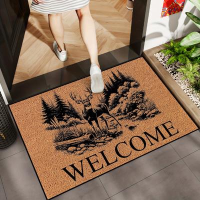 TEMU 1pc Rustic Elk Welcome Mat - Non-slip, Machine Washable, Polyester Doormat With Deer & Forest Scene For Summer Decor, Kitchen, Bathroom, Bedroom, Parties, And Outdoor Spaces, Deer Image