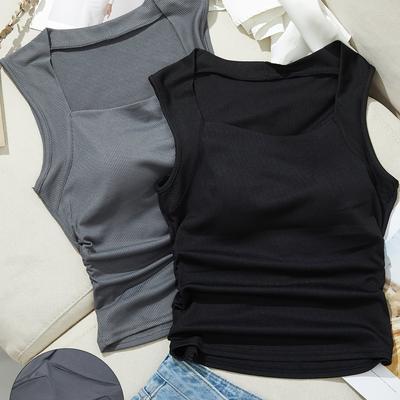 TEMU 2pcs Ribbed Knit Sports Bra With Removable Pads - Elegant Square Neck, High Stretch Fabric, Sleeveless Yoga Tops For Fitness And Exercise, Wear, Exercise Apparel | | Stretchable Fabric Image