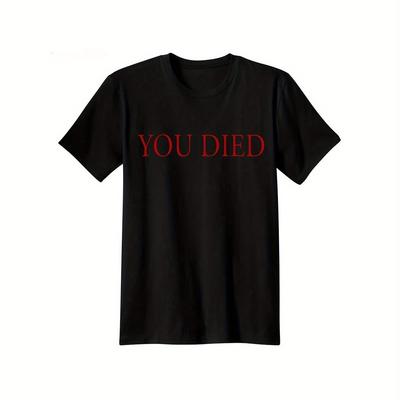 TEMU Casual Crew Neck Cotton T-shirt With 'you Died' Geometric Print, Short Sleeve, Regular Top For Adult - 100% , Stretch, Pullover Tee, Ideal For Weekend Casual & Gaming Fans Image