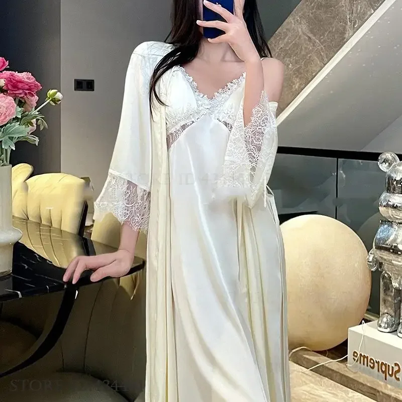 Elegante weiße Braut Hochzeit Robe Nachthemd Set lange Kimono Bademantel Kleid Sexy Spitze Nachthemd Dessous seidige Nachtwäsche Homewear