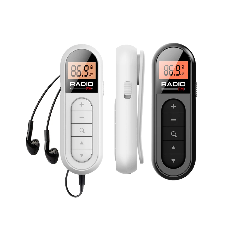 Mini-Taschen-FM-Radio, 76–108 MHz, wiederaufladbarer tragbarer Radioempfänger mit hintergrundbeleuchtetem LCD-Display, 3,5-mm-Kopfhörer für Guide Racing Image