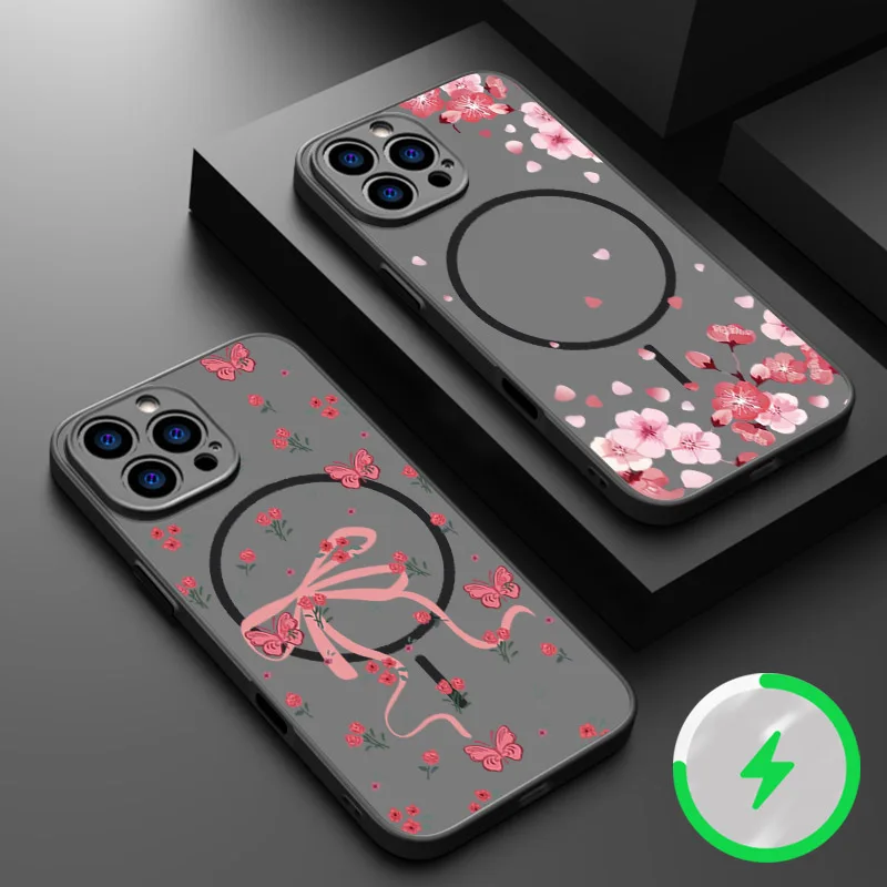 MagSafe-Hülle mit Rosenblumen-Fliege-Muster für iPhone 16 15 14 13 Pro Max 16e, stoßfestes TPU, weicher Rand, harte, matte Handyhülle Image