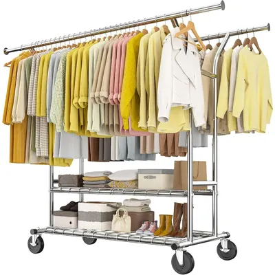 Clothing Rack with Wheels Load 630LBS, Double Rod Clothing Racks for Hanging Clothes, Heavy Duty Clothes Rack