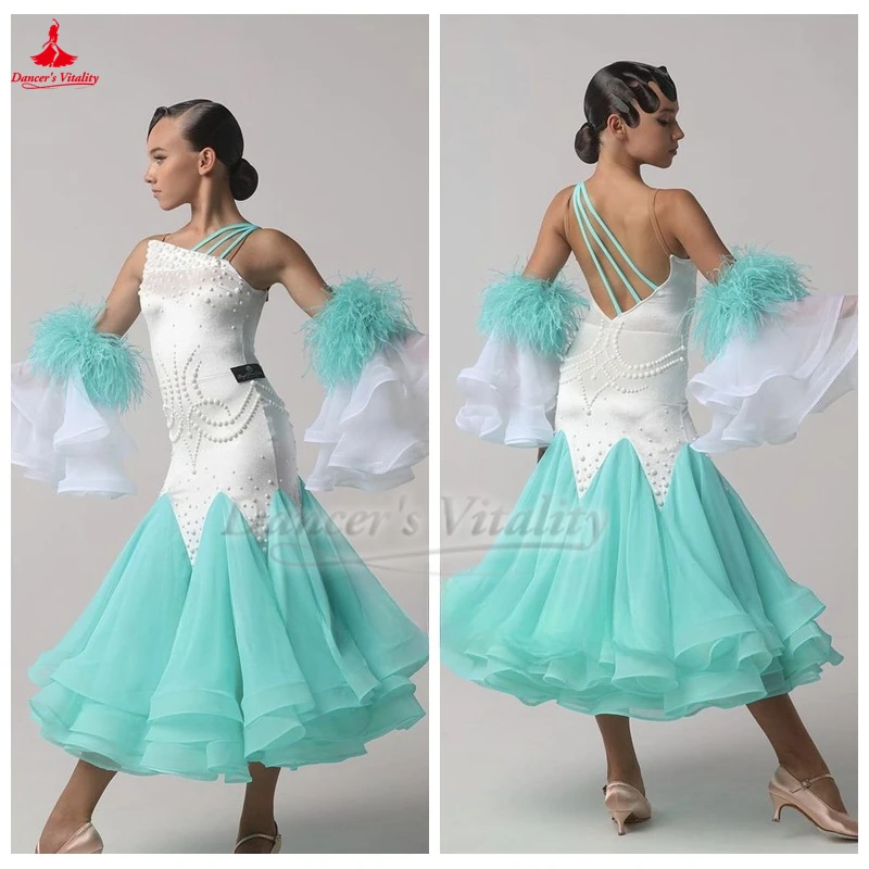 Erwachsene Kinder und Jugendliche Straußenfedern ausgestellte Ärmel Gesellschaftstanz Big Swing Kleider Walzer Foxtrot Tango Wettbewerb Kleidung Image