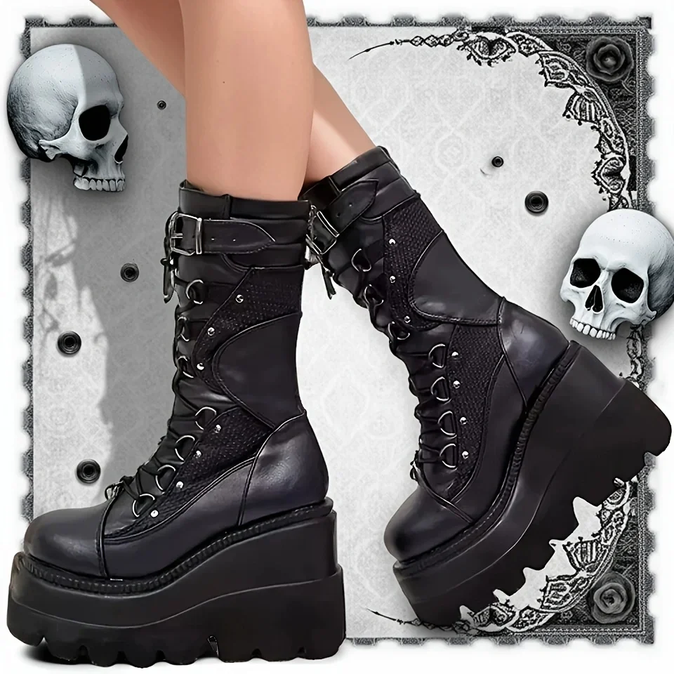 Neue Gothic-Punk-Motorradstiefel für Damen, klobige Plattform, Keilabsatz, mittlere Wade, dunkle ästhetische Knöchelstütze, alternative Schuhe