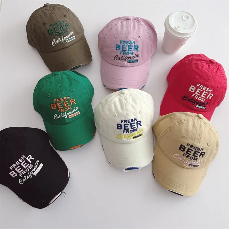 Baseballkappe mit Alphabet-Stickerei, alte zerrissene Baumwoll-Baseballkappe für Jungen und Mädchen, lässiger und vielseitiger Kinder-Sonnenhut Image