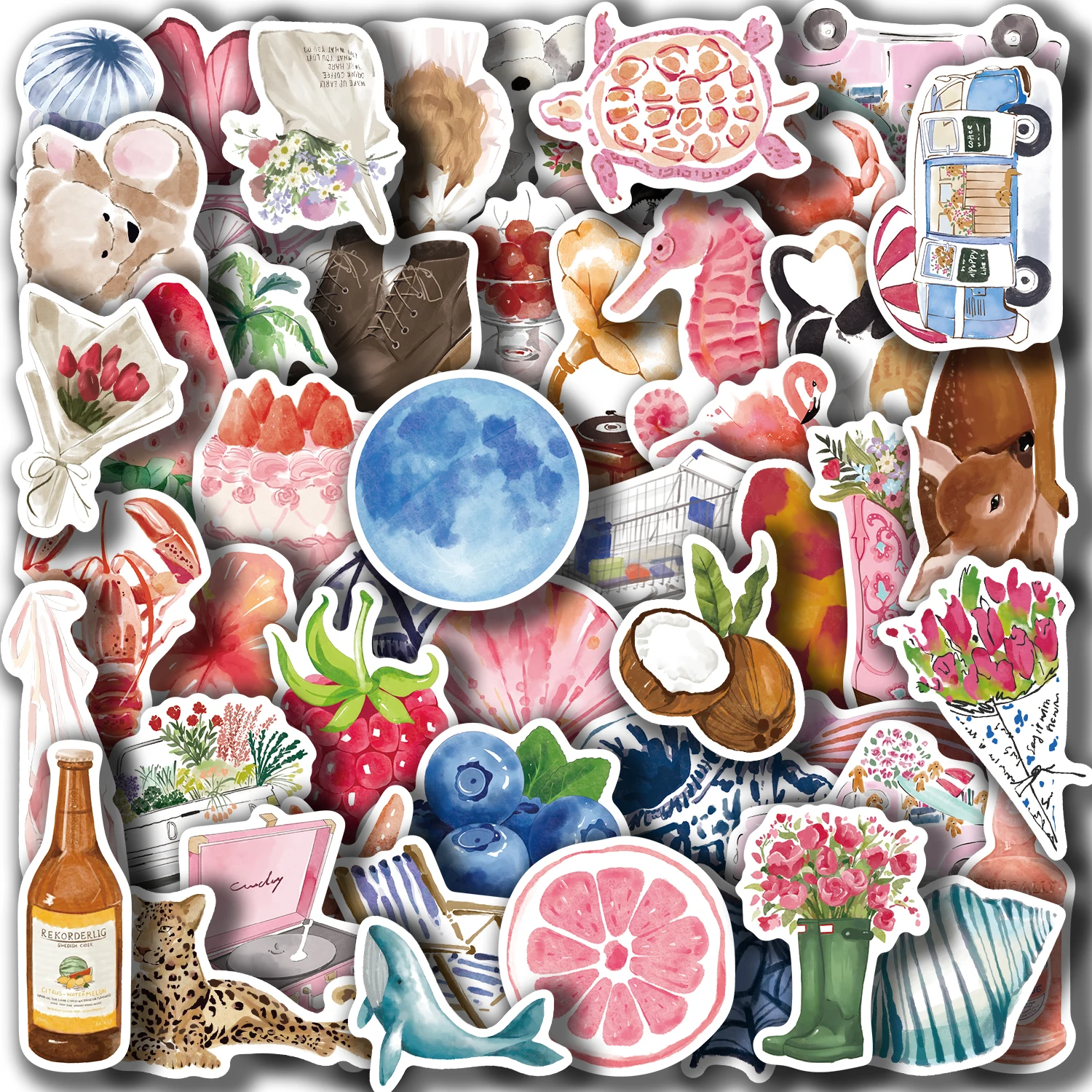 Autocollants esthétiques aquarelle pour journal intime, 50 pièces, autocollants imperméables en PVC tendance pour bricolage, coque de téléphone portable, Scrapbooking