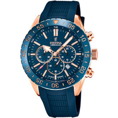 Chronograph FESTINA "Keramik Kollektion", rosa (blau, roségoldfarben), Armbanduhren, Herren, Armbanduhr, Quarzuhr, Herrenuhr, Stoppfunktion, Edelstahlarmband Image