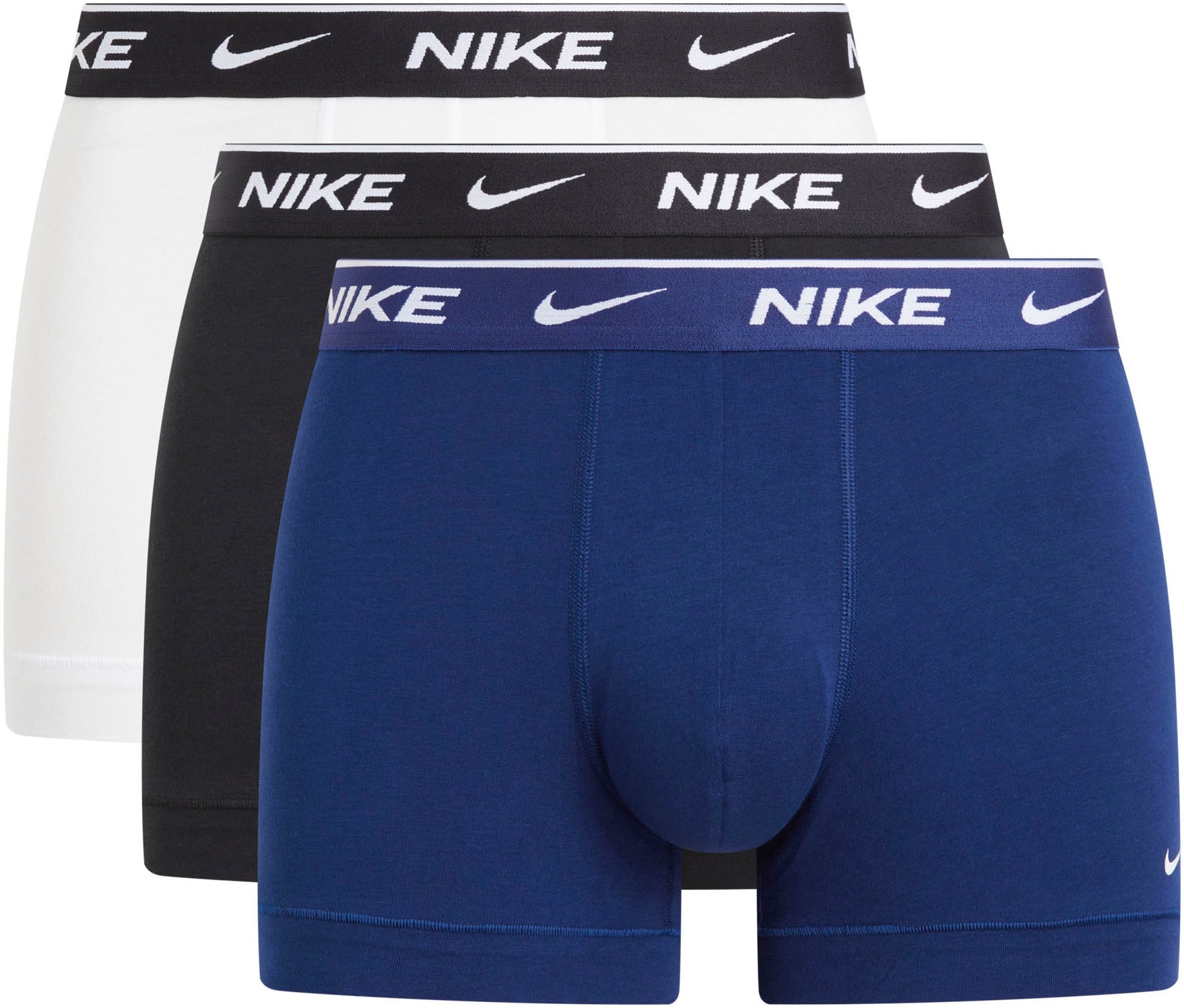 Trunk NIKE UNDERWEAR "TRUNK 3PK", Herren, Gr. L (50), 3 Stk., tqj deep night, weiß, schwarz, Jersey, Obermaterial: 95% Baumwolle, 5% Elasthan, körpernah, Unterhosen, mit farbigem NIKE Logo-Elastikbund