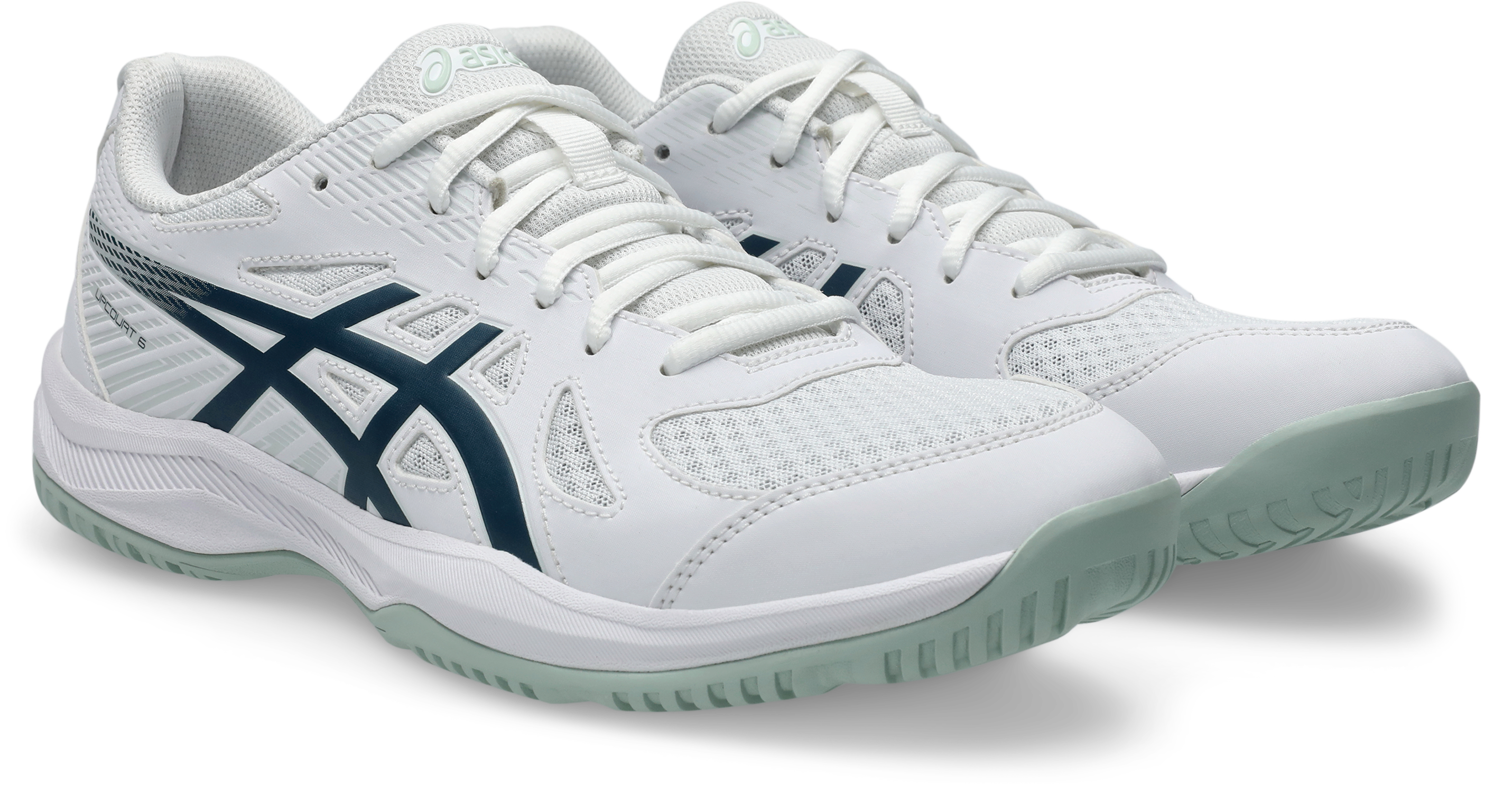Hallenschuh ASICS "UPCOURT 6", Herren, Gr. 46, weiß (weiß, tranquil teal), Synthetik, Schuhe Hallenschuh, besonders geeignet für Handball und Volleyball