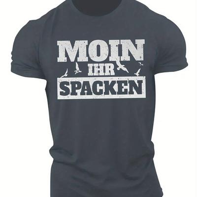 "TEMU Men's Humorous German Quote T-shirt - Casual Crew Neck, Short Sleeve Summer Top With "moin Michspacken" Print, Dark Blue, Lightweight Polyester, Regular Fit For Adults, Lightweight" Image