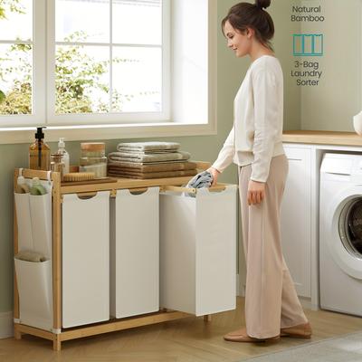TEMU Laundry Basket With 3 Compartments, Laundry Hamper, To 150l, Laundry Sorter, With Shelf, Laundry Bag, Side Pockets, 3 X 50l, 94 X 33 X 78cm, Laundry Baskets Image