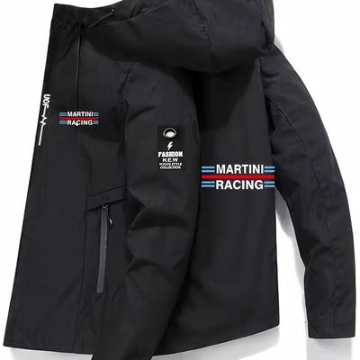 TEMU Men's Hooded Jacket - Navy Blue Zip-up Bomber With Front Pockets, Durable Polyester Lining, Outdoor Hiking And Spring/fall Wear, Spring Jacket | Sporty | Sleek Image