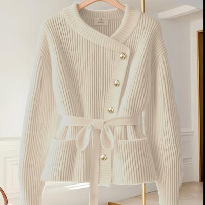 TEMU Women's Elegant V-neck Ribbed Knit Cardigan - Spring Lightweight Button-front Sweater With Three-button Sleeves & Bow Detail, & Beige Casual To Work Versatile Image