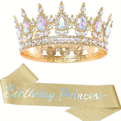 TEMU Bling Rhinestones Birthday Party Kit Crown Birthday Princess Sash For Women Happy Birthday Hair Accessories Prom Gifts Decorations Image