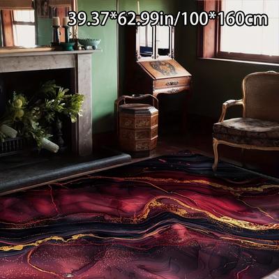 TEMU Luxurious Velvet Marble Pattern Area Mat - Non-slip, Machine Washable, 800g/m², Red & Golden , Living Room, Bedroom, Or Outdoor Spaces, Multiple Sizes Image
