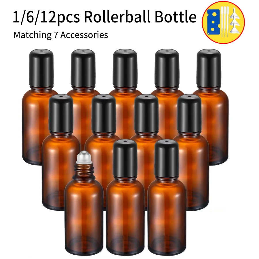 1/6/12 Stück bernsteinfarbene Rollerflasche aus Glas, nachfüllbar, ätherisches Öl, Parfümflaschen, Rolle auf Fläschchen, leere Probenbehälter Image