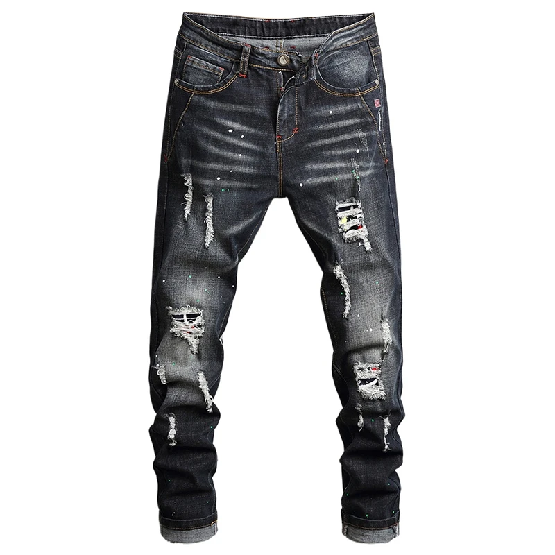 Männer Slim Zerrissene Jeans Mode Street Hip Hop Rock Patch Motorrad Loch Hosen Frühling Herbst Denim Hosen