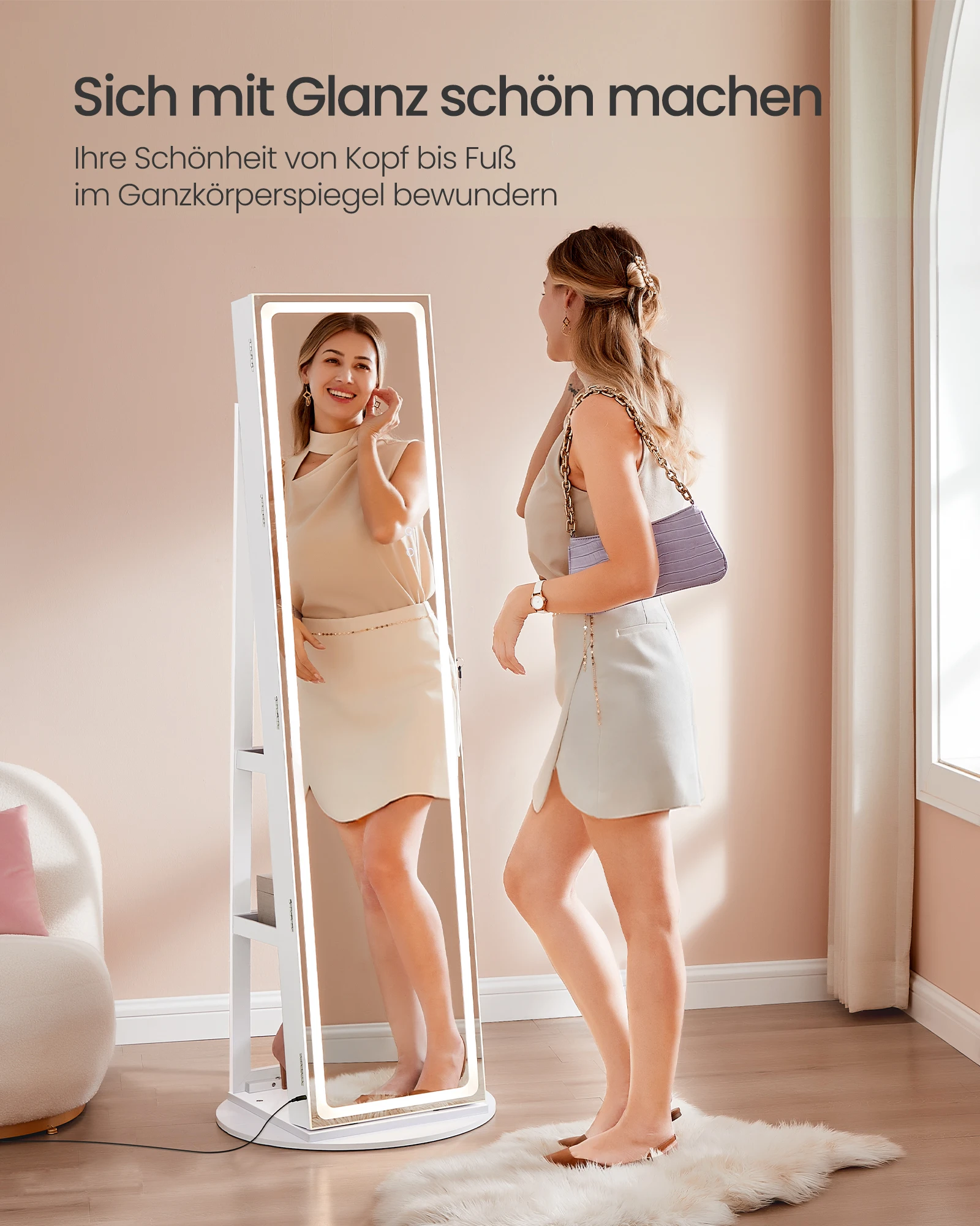 SONGMICS Schmuckschrank mit LED-Beleuchtung und Spiegel, Spiegelschrank, abschließbar,Spiegel mit Rahmen,platzsparend