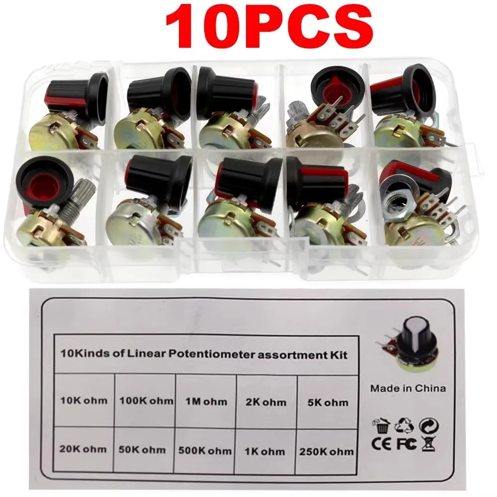 10 Sätze 15 mm WH148 Rändelwelle 3 Anschlüsse Linear Taper Drehpotentiometer Sortiment Kit B1K 2K 5K 10K 20K 50K 100K 250K 50 Image
