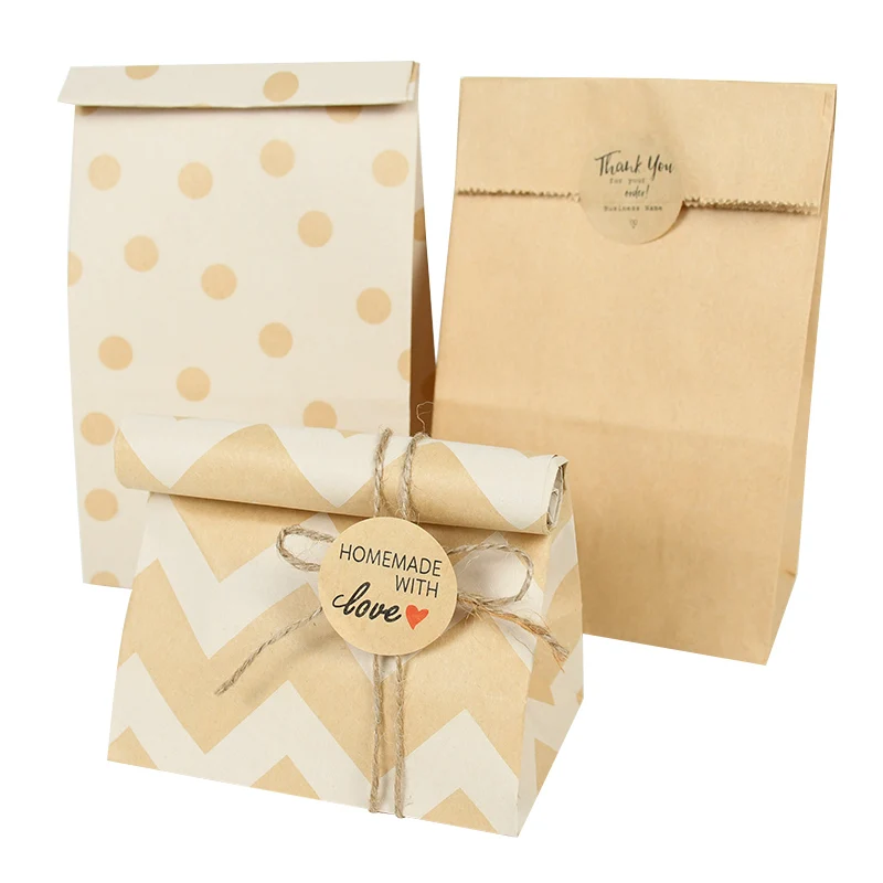 20 stücke Polka Dot Kraft Papier Taschen Braun Mittagessen Taschen Mit Dot Dekor Lebensmittel Gebäck Verpackung Taschen Snack Bar Liefert party Beutel Dekor Image