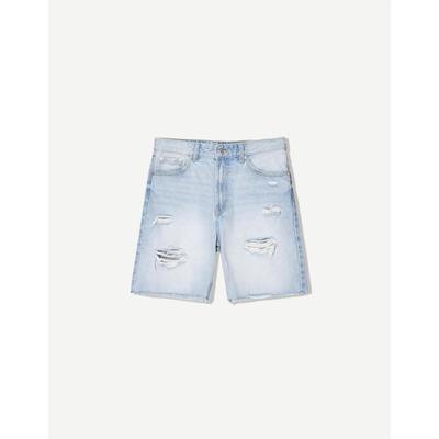 Bershka Ripped Denim Bermuda Shorts Men 26 Light Blue