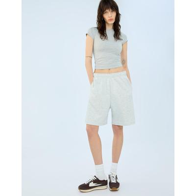 Bershka Plush Bermuda Shorts With Embroidery Women M Grey