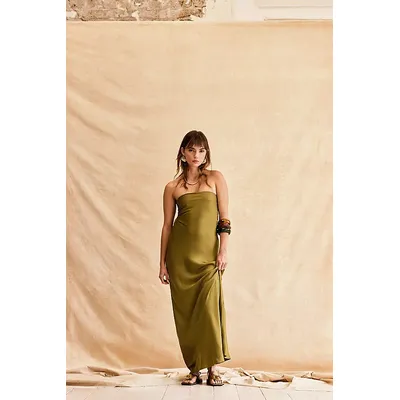 The Fleur Cowl Back Strapless Satin Maxi Slip Dress