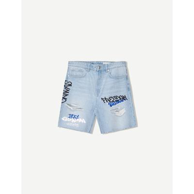 Bershka Printed Denim Bermuda Shorts Men 28 Light Blue