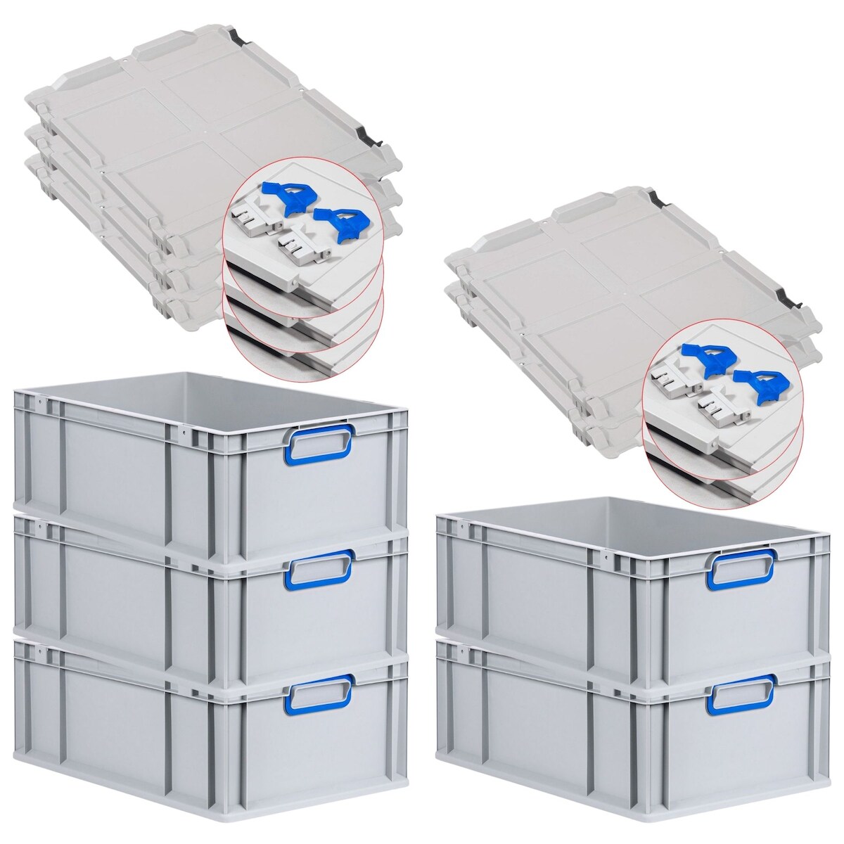 PROREGAL 5x Eurobox NextGen Color mit Scharnierdeckel & Verschlüssen | HxBxT 22x40x60cm | 44 Liter | Griffe blau geschlossen | Verstärkter Boden Image
