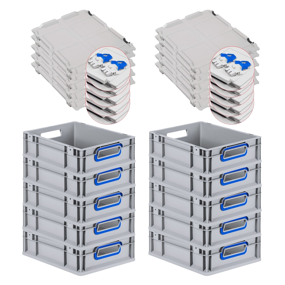 PROREGAL 10x Eurobox NextGen Color mit Scharnierdeckel & Verschlüssen | HxBxT 12x30x40cm | 11 Liter | Griffe blau offen | Glatter Boden Image