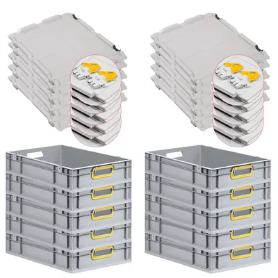 PROREGAL 10x Eurobox NextGen Color mit Scharnierdeckel & Verschlüssen | HxBxT 12x40x60cm | 23 Liter | Griffe gelb offen | Glatter Boden Image
