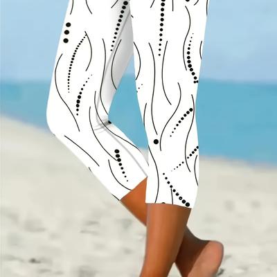 TEMU Women's Elegant Polka Dot Print Capri Leggings - Stretchy, Breathable Fabric For Spring, Summer & Fall, Black With White , Beach & Casual Wear, Beachwear Leggings | Chic Leggings | Image