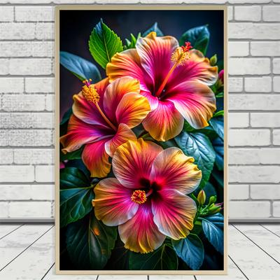 TEMU 1pc 5d Diy Diamond Painting Kit, 15.7x27.6 Inches, Vibrant Red Hibiscus Flowers, Round Acrylic Diamonds, Decor Embroidery Art, Image